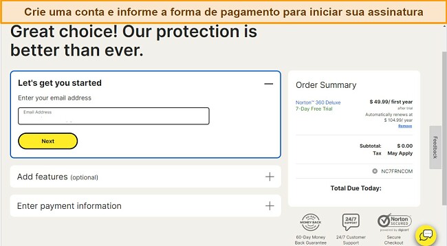 Imagem representativa de um processo de cria&ccedil;&atilde;o de uma nova conta no software de seguran&ccedil;a Norton