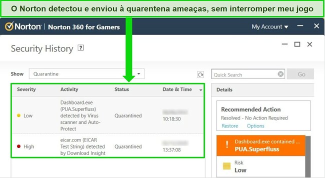 Captura de tela de um jogo Norton em quarentena exibindo uma m&aacute;scara de prote&ccedil;&atilde;o
